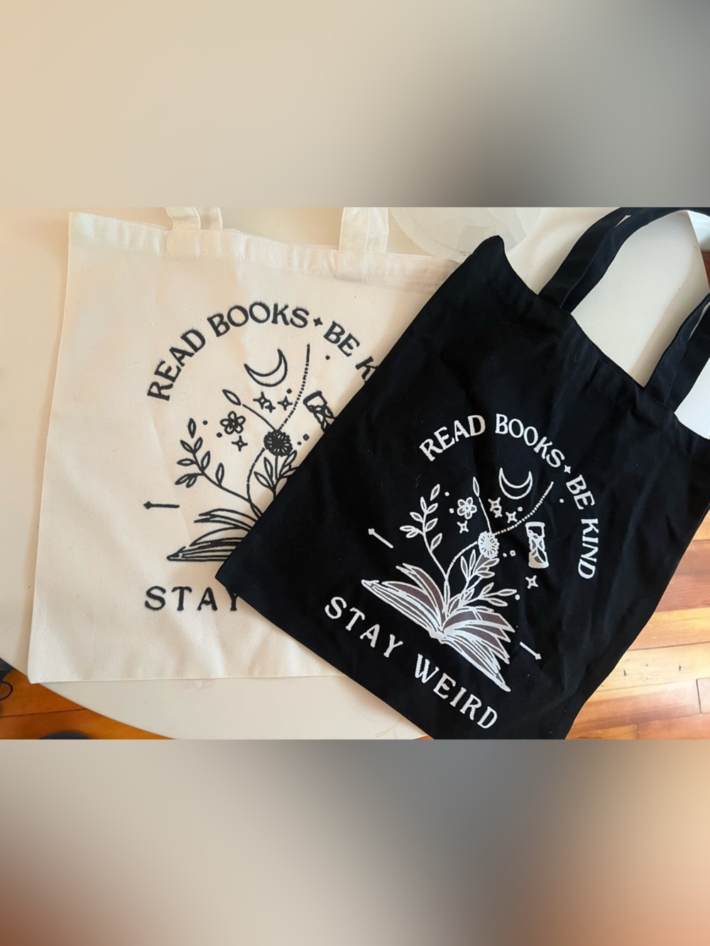 Misprinted Canvas Tote Bag - 'Read Books • Be Kind • Stay Weird'